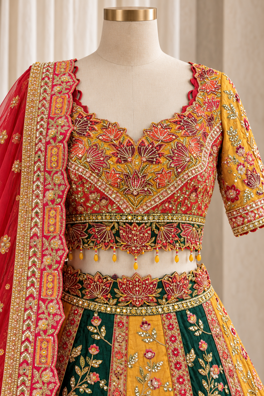 Dazzling Art Raw Silk Fabric and Green Mustard Color With Resham Embroidery Work With Lehenga Choli