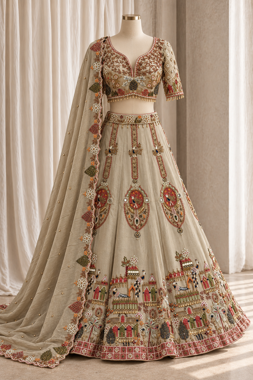 Amazing Tissue Silk Fabric and Beige Color With Mirror Work With Lehenga Choli
