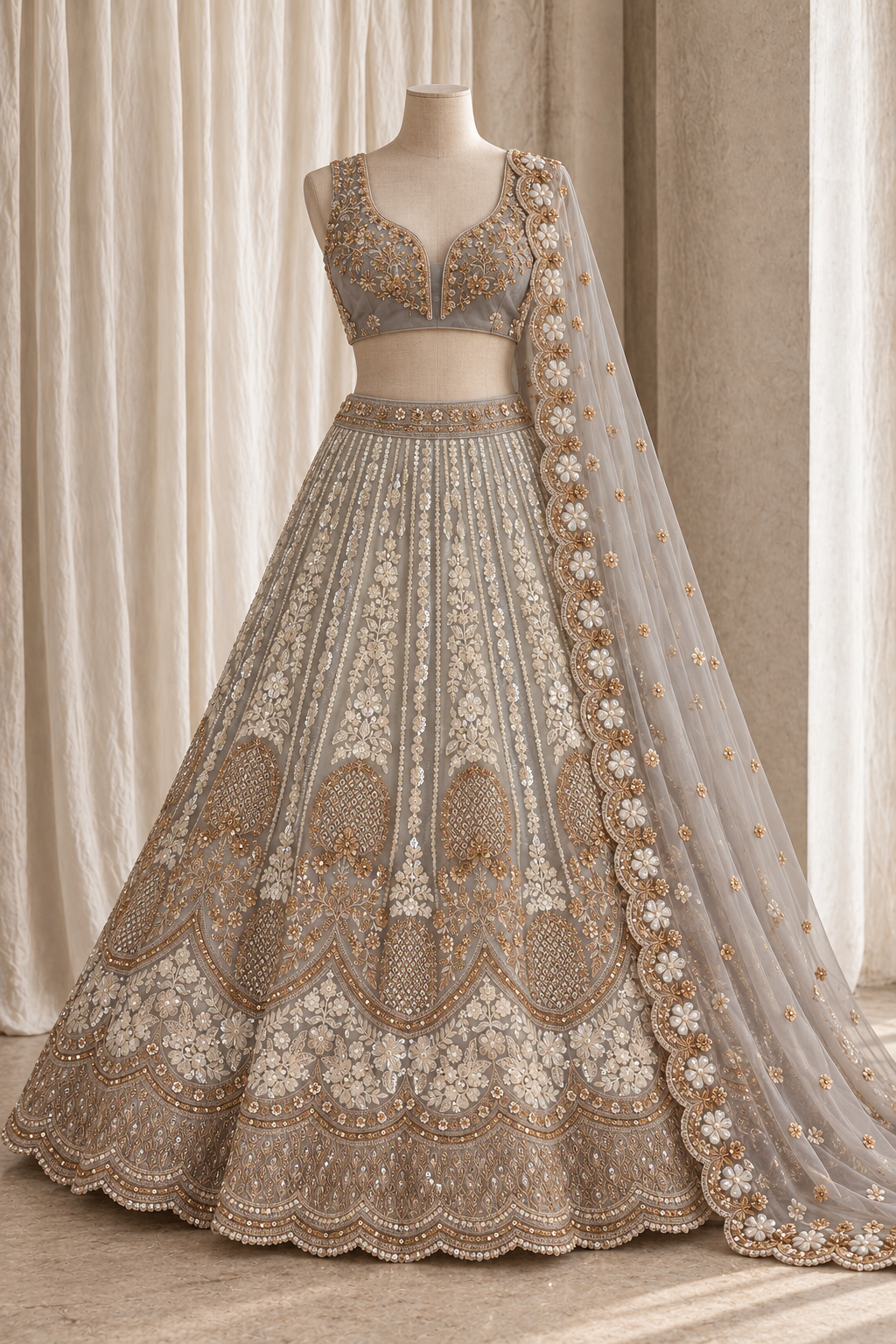 Pretty grey blue embroidered lehenga ensemble