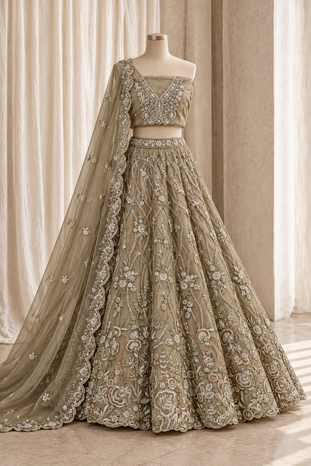 Bodacious Organza Fabric and Dusty Green Color With Cutdana Work With Lehenga Choli