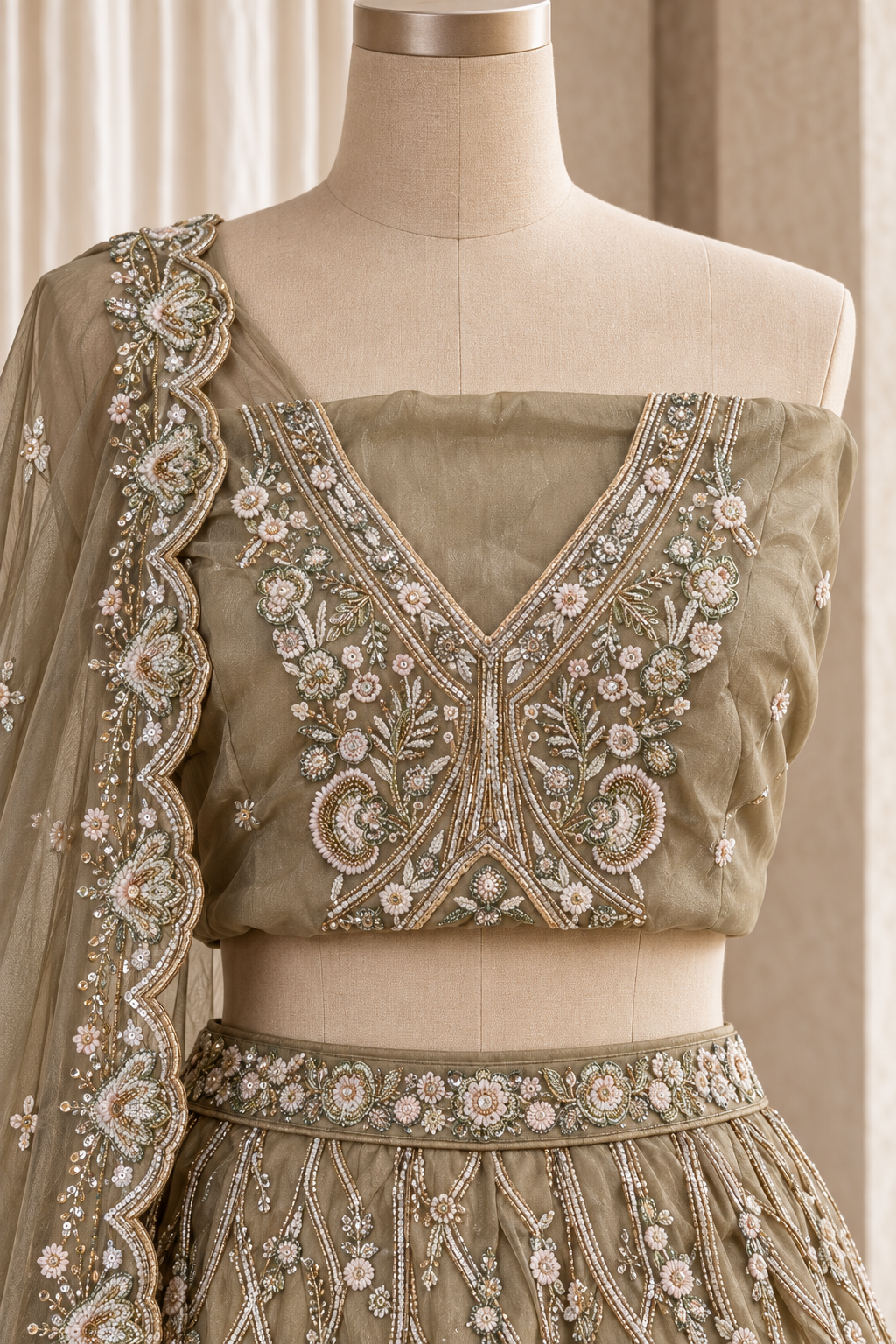 Bodacious Organza Fabric and Dusty Green Color With Cutdana Work With Lehenga Choli