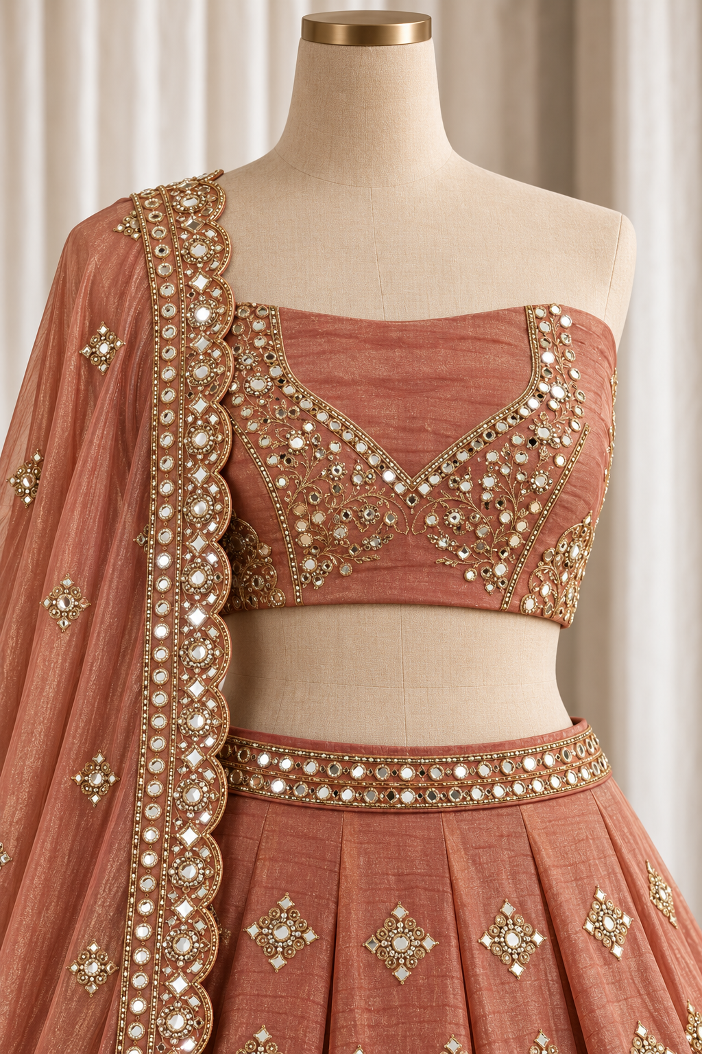 Brouhaha Organza Fabric and Peach Color With Mirror Work With Lehenga Choli