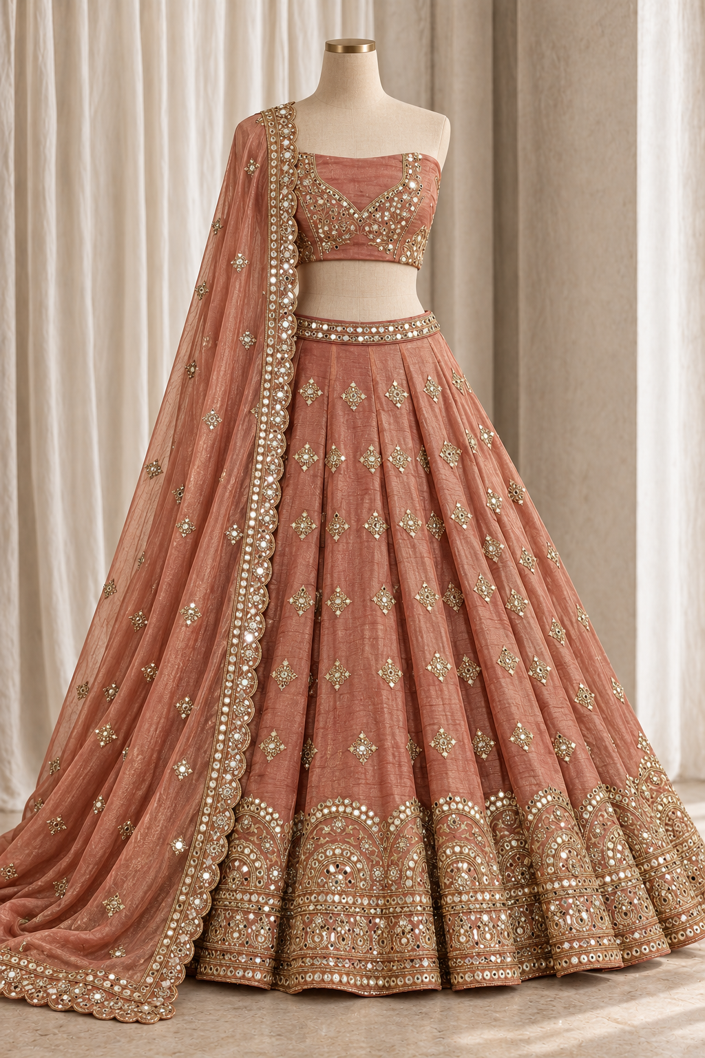 Brouhaha Organza Fabric and Peach Color With Mirror Work With Lehenga Choli