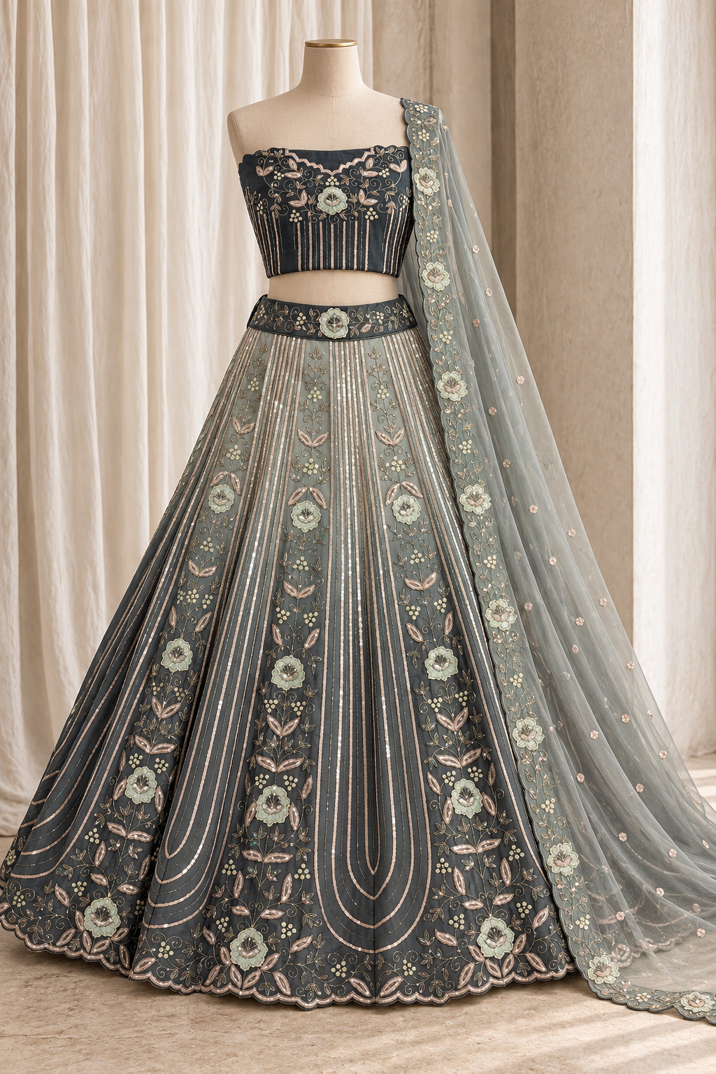 Classy sage and charcoal embroidered lehenga