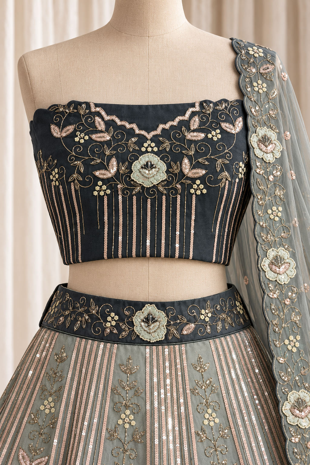 Classy sage and charcoal embroidered lehenga