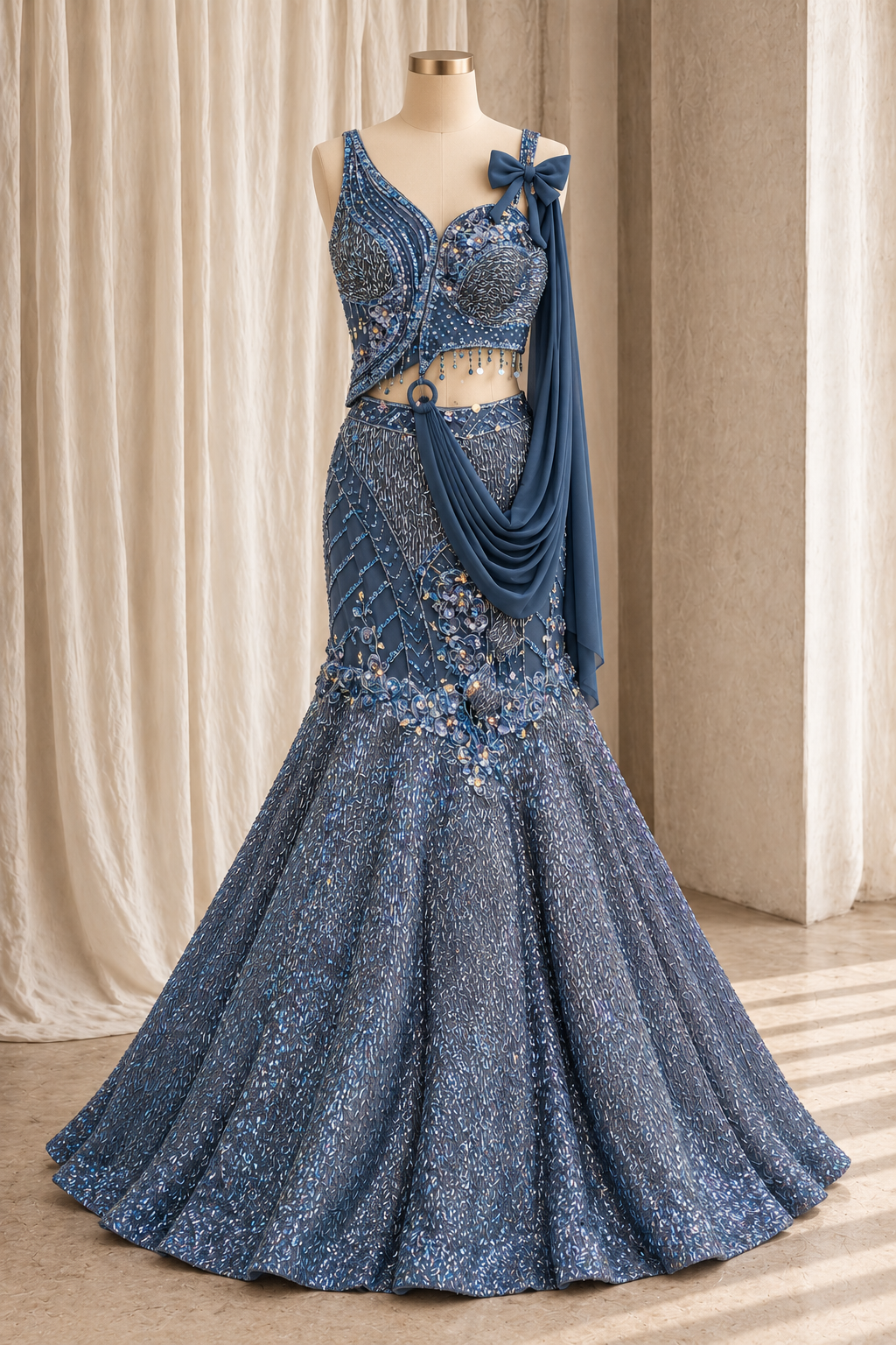 Comely Fancy Net Fabric and Royal Blue Color With Fancy Cutdana Work With Fishcut Lehenga Choli