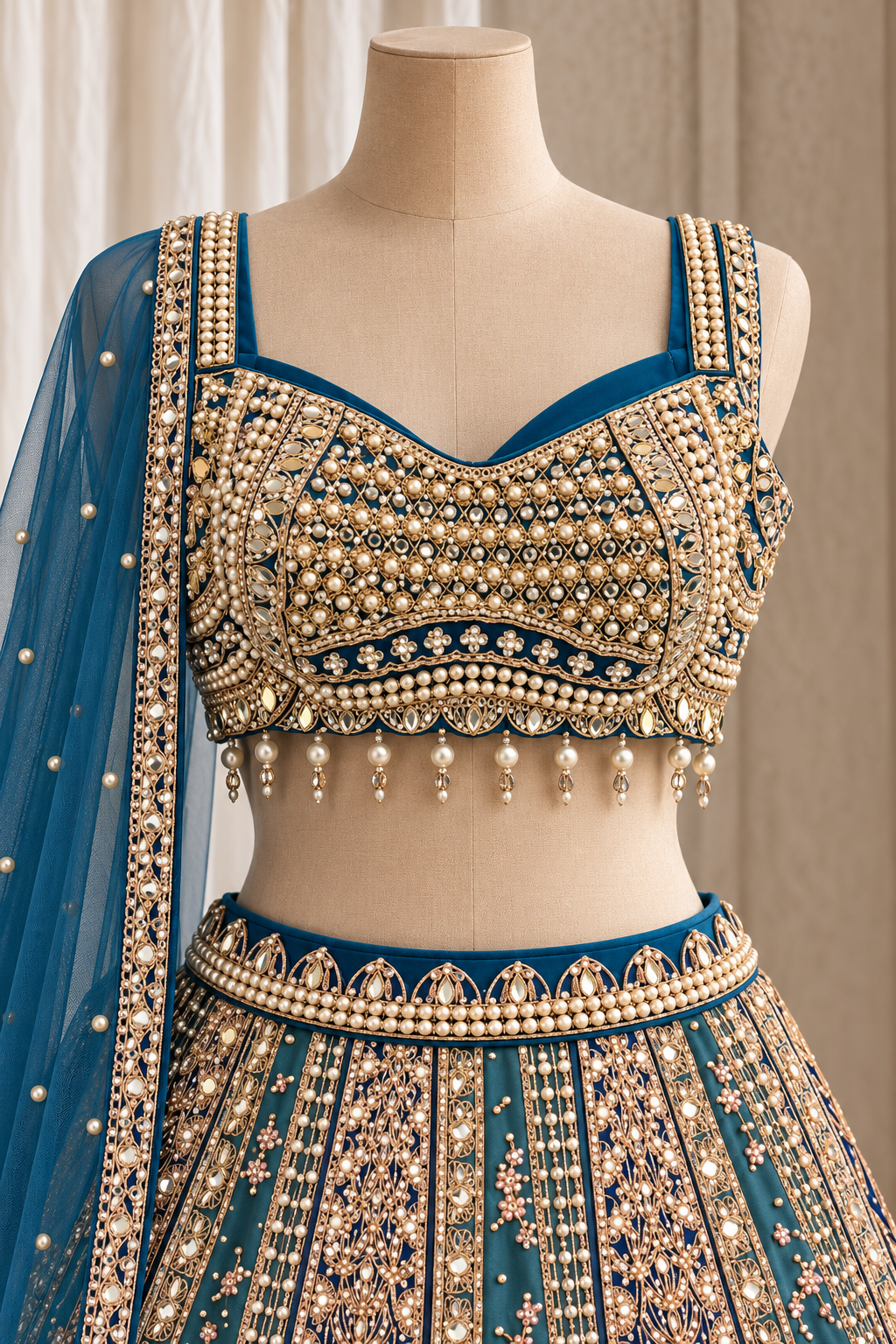 Aesthetic Georgette Fabric and Morpich Blue Color With Pearl Work With Lehenga Choli