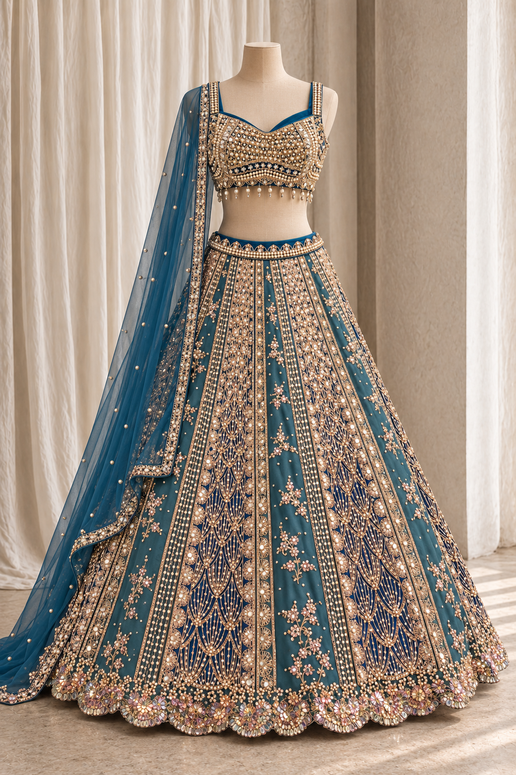 Aesthetic Georgette Fabric and Morpich Blue Color With Pearl Work With Lehenga Choli