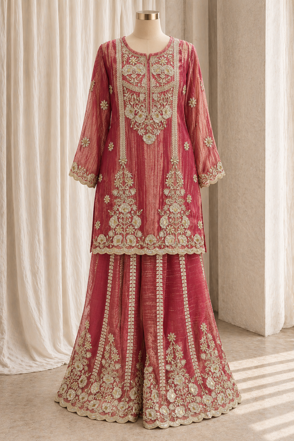 Wonderful Tissue Silk Fabric and Fuchsia Pink Color With Zari Work With Palazzo Suits