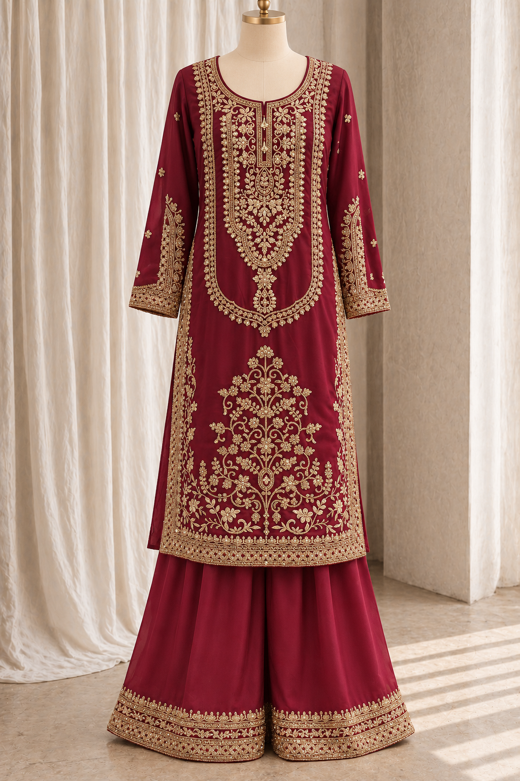 Stunning Georgette Fabric and Maroon Color With Thread Work With Palazzo Suits