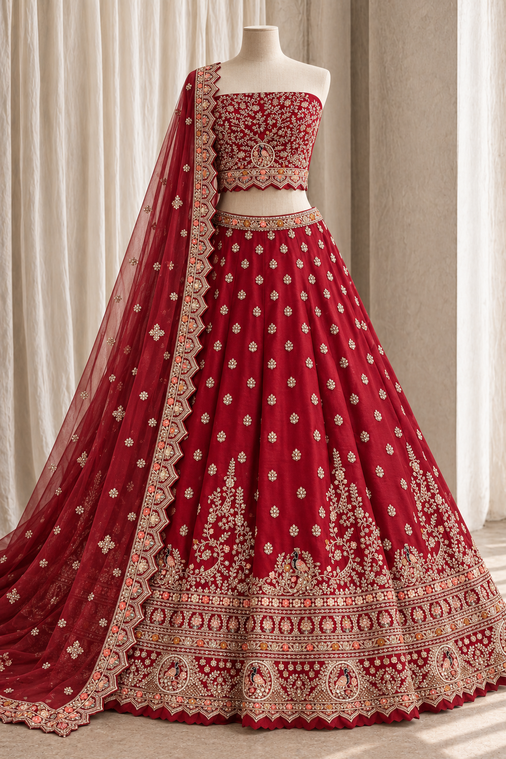 Maroon peacock-embroidered lehenga on mannequin