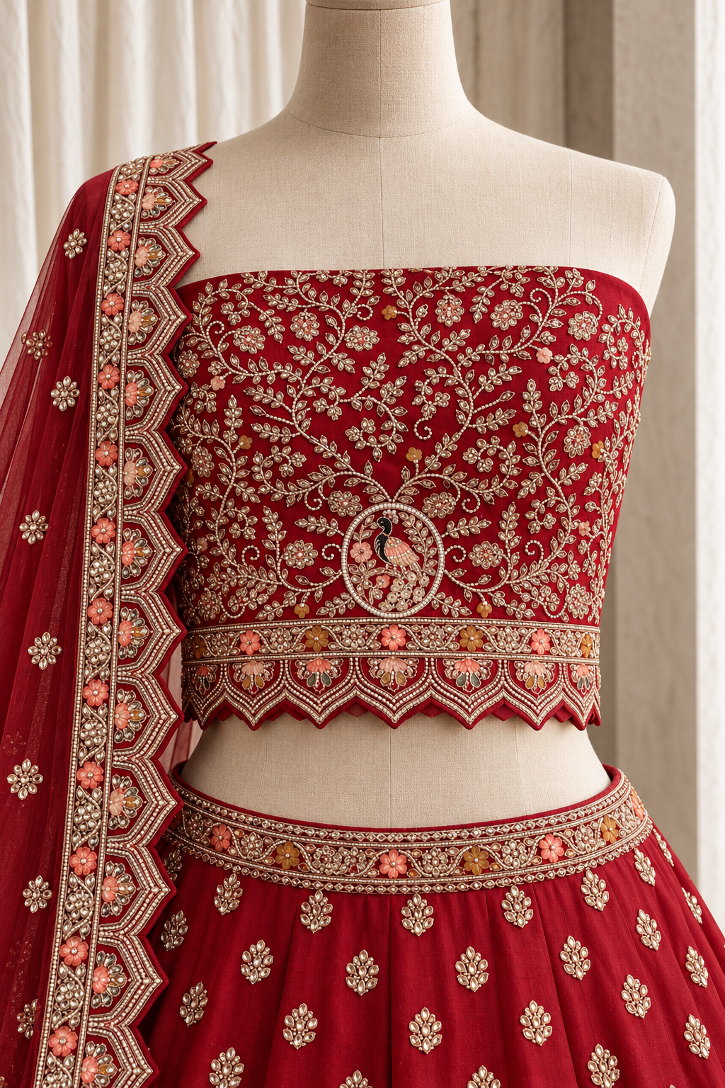 Maroon peacock-embroidered lehenga on mannequin