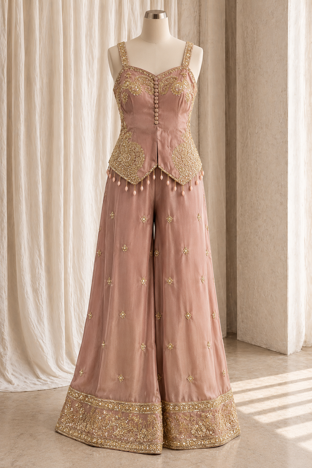 Fantastic Tissue Silk Fabric and Mauve Pink Color With Kasab Work With Palazzo Suits