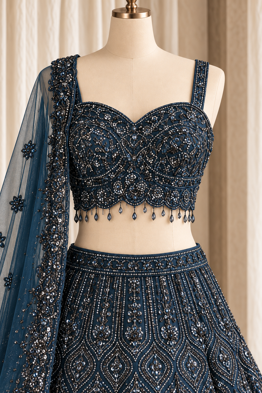 Perfect Soft Net Fabric and Navy Blue Color With Sequins Work With Lehenga Choli