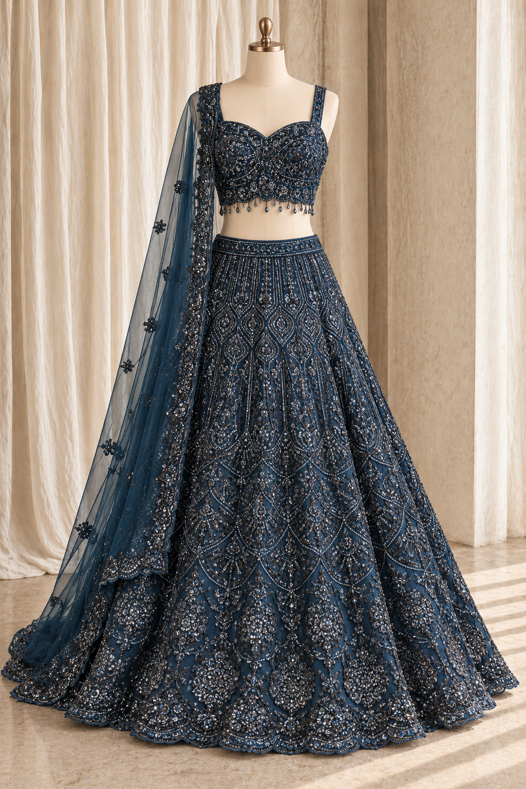 Perfect Soft Net Fabric and Navy Blue Color With Sequins Work With Lehenga Choli