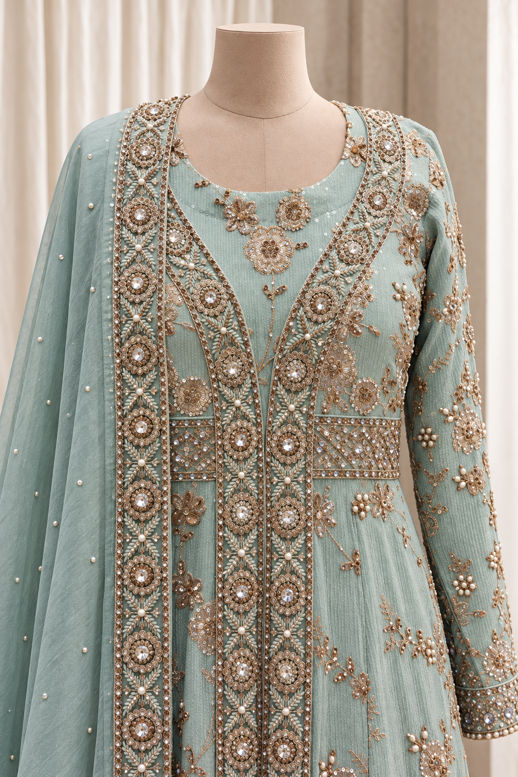 Pale Mint Embroidered Indo-Western Ensemble