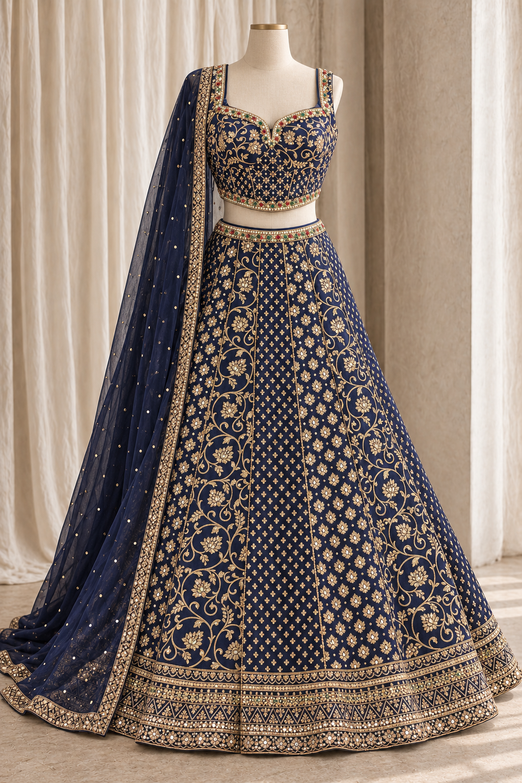 Gentle Banarasi Brocade Silk Fabric and Navy Blue Color With Weaving Print Work With Lehenga Choli