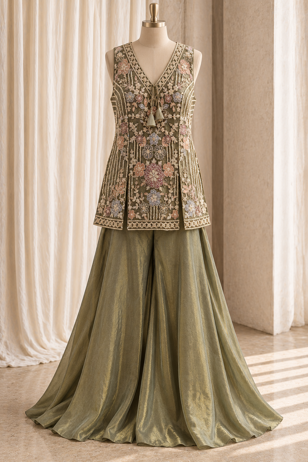 Charming Tissue Silk Fabric and Olive Green Color With Embroidery Work With Palazzo Suits