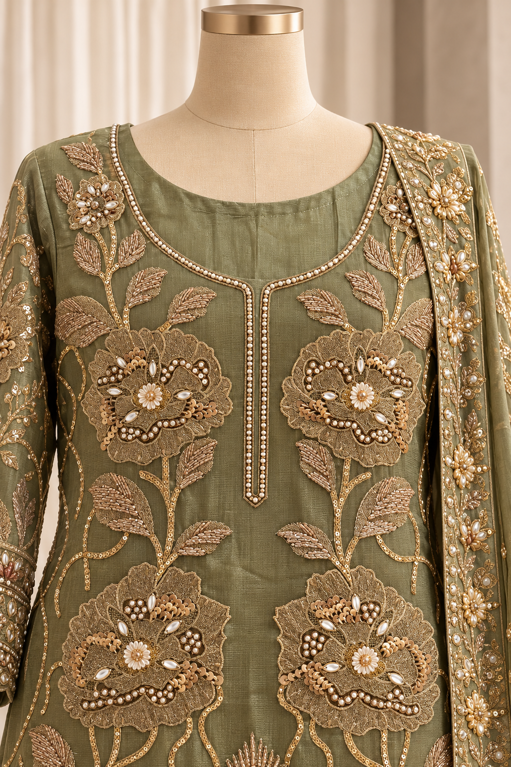 Pretty Shimmer Fabric and Green Color With Marori Work With Bottom Suits