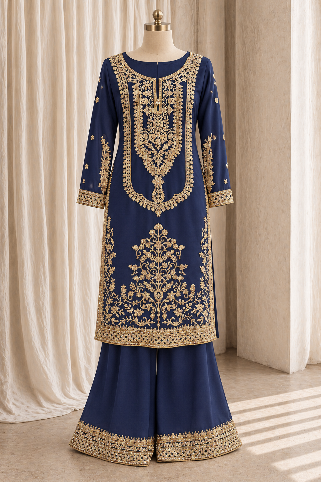 Charming Georgette Fabric and Navy Blue Color With Thread Work With Palazzo Suits