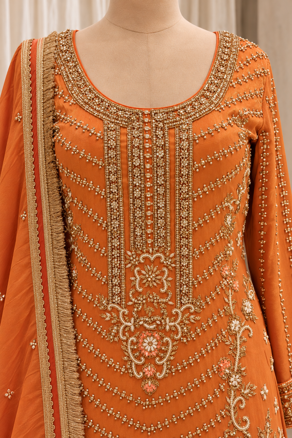 Ravishing Luxurious orange embroidered Gharara set