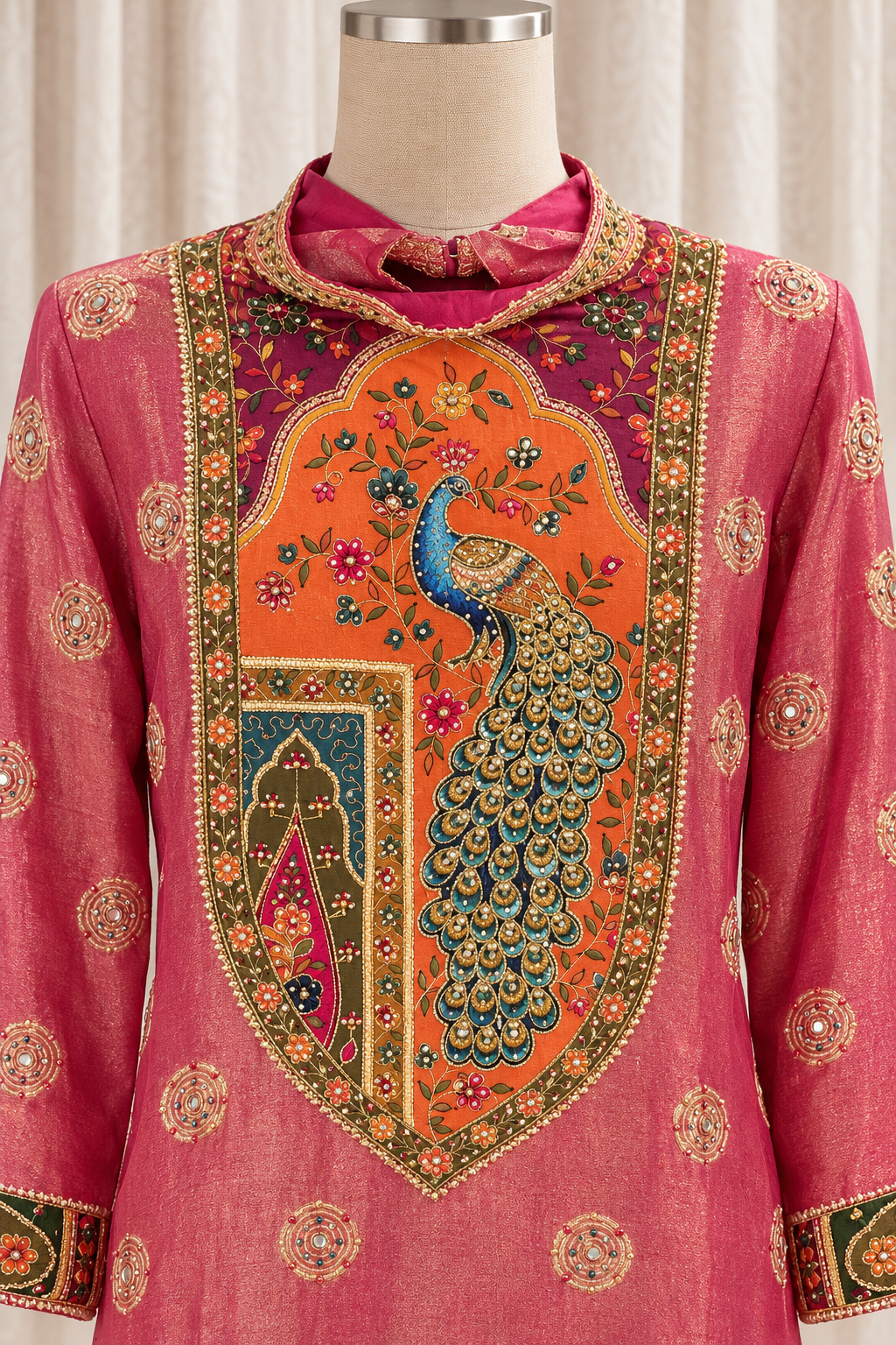 Hullabaloo Tissue Silk Fabric and Fuchsia Pink Color With Swarovski Work With Palazzo Suits