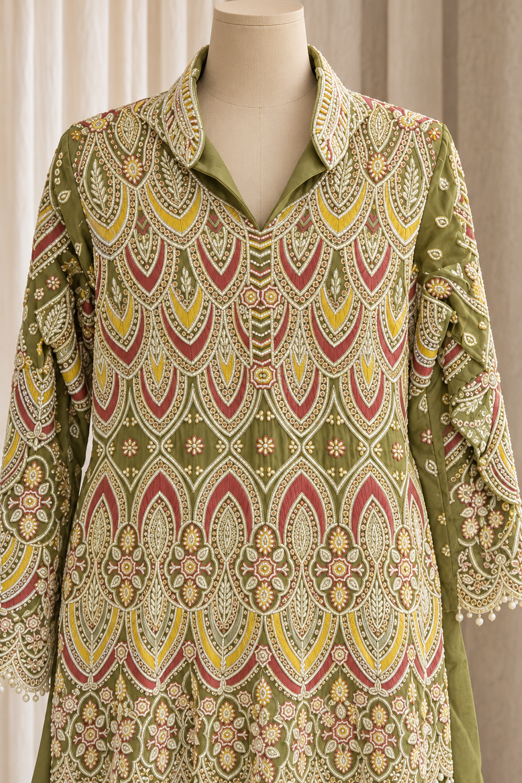 Cromulent Tissue Silk Fabric and Green Color With Thread Work With Palazzo Suits