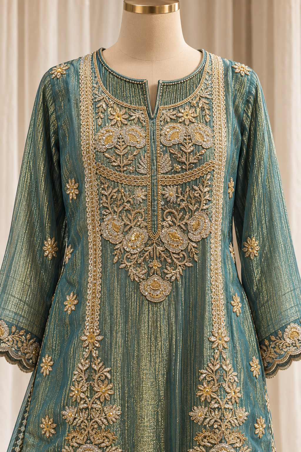 Trendy Tissue Silk Fabric and Rama Green Color With Zari Work With Palazzo Suits