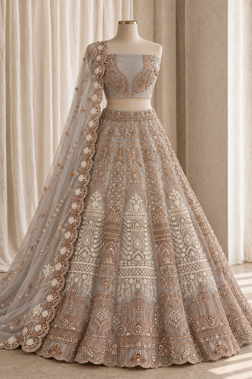 Elegant Pale Grey Lehenga with Rose-Gold Embroidery