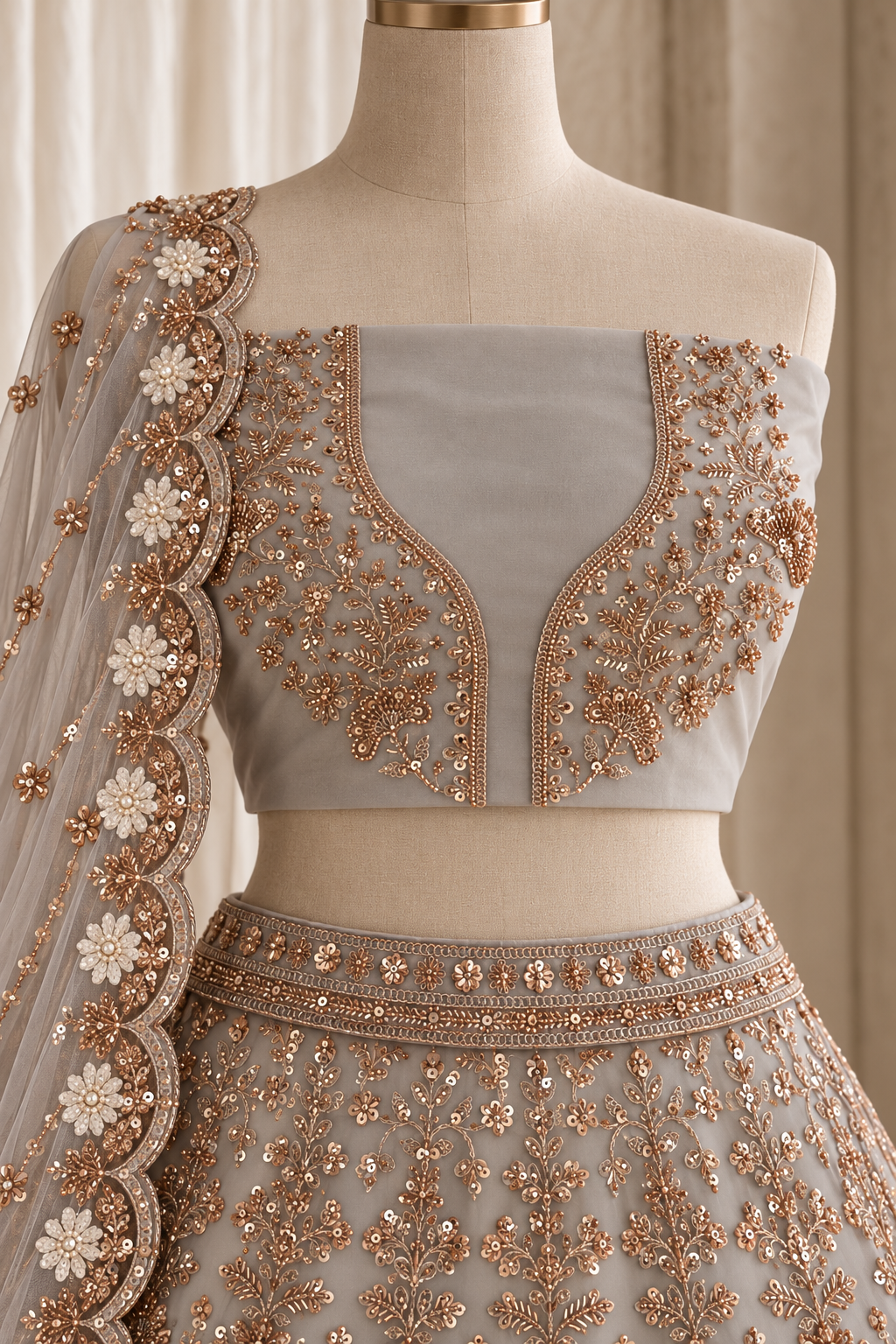 Elegant Pale Grey Lehenga with Rose-Gold Embroidery