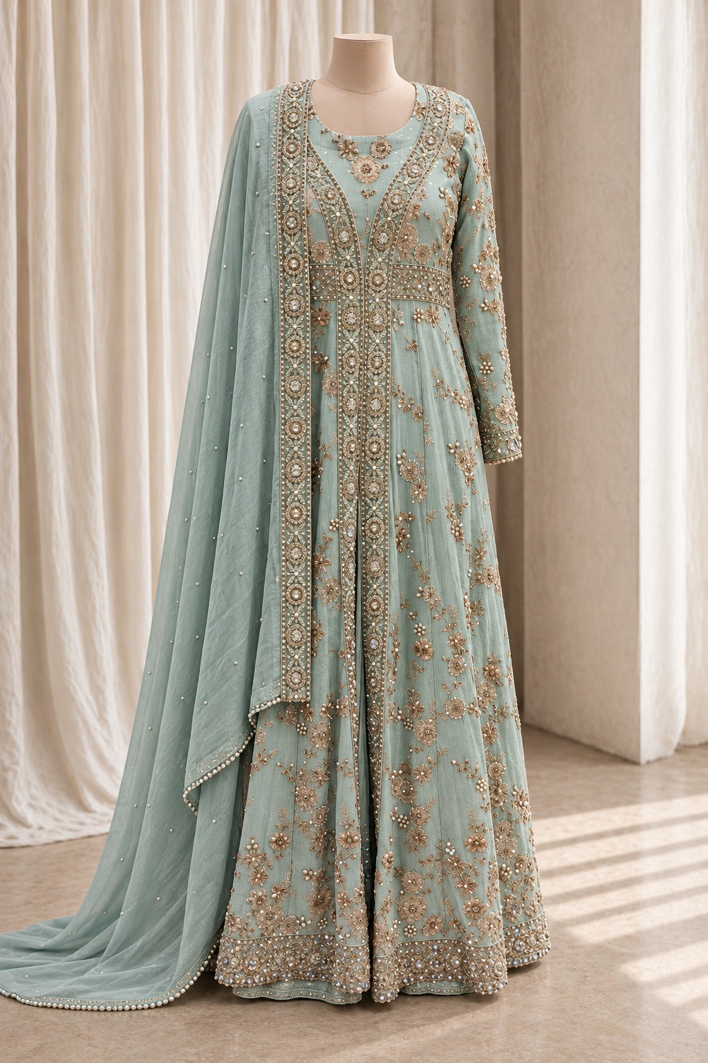 Pale Mint Embroidered Indo-Western Ensemble