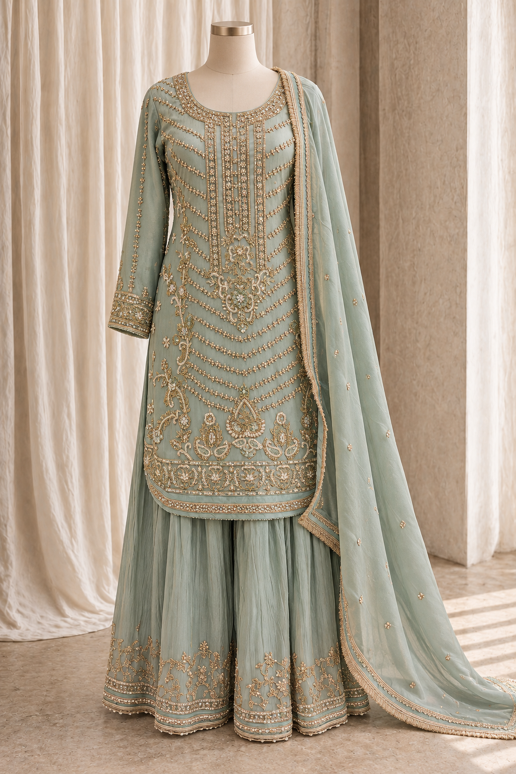 Magnificent Pale Sage Embroidered Gharara Suits Ensemble
