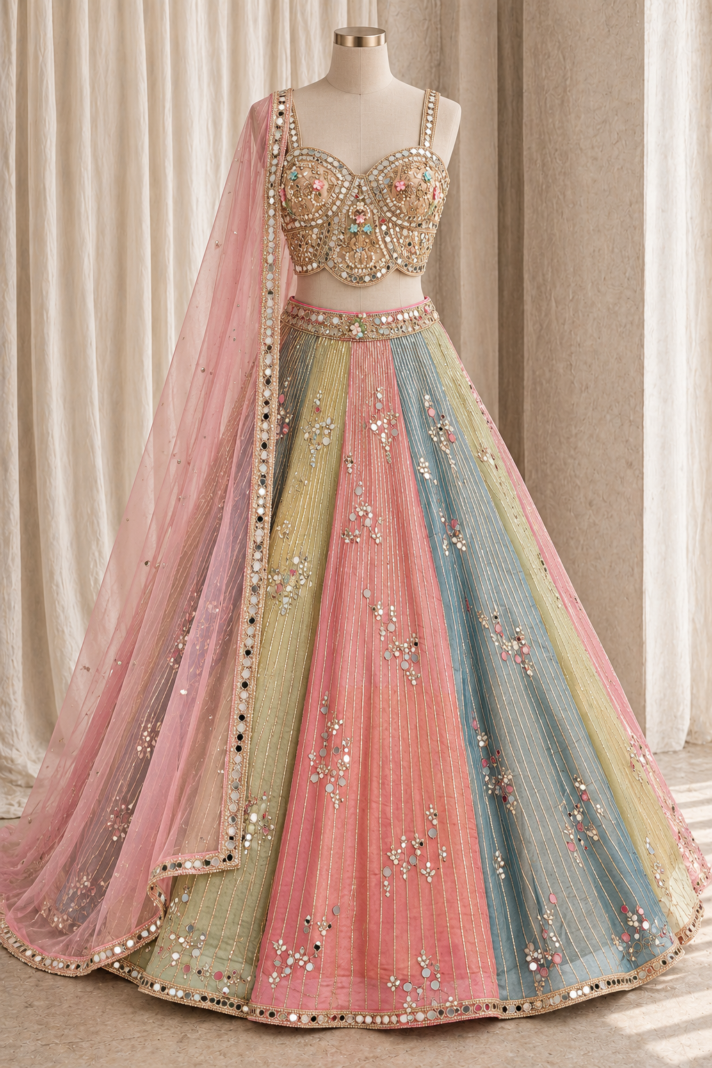 Confident Tissue Silk Fabric and Pestal Green Color With PDP Work With Lehenga Choli