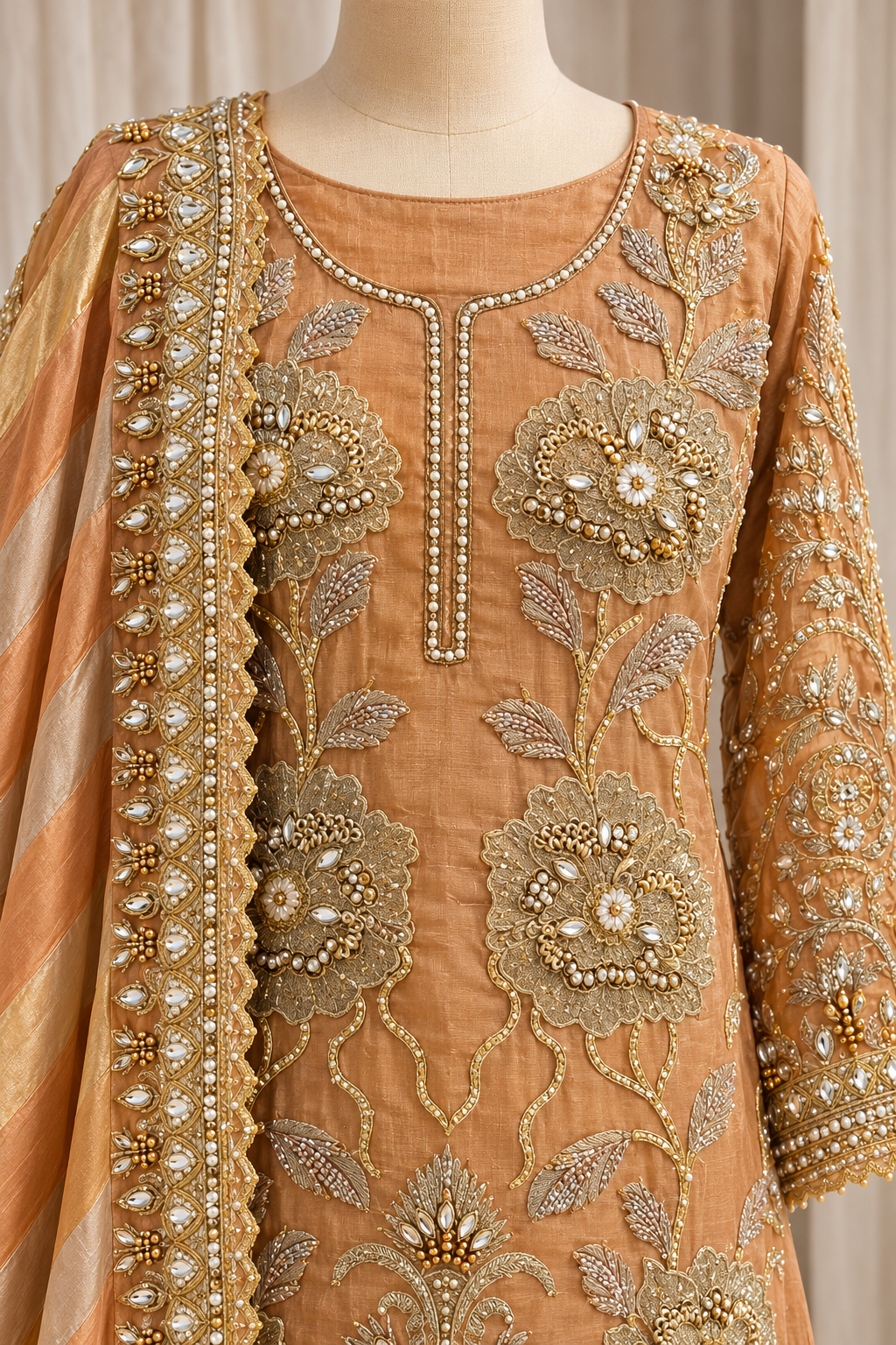 Attractive Shimmer Fabric and Peach Color With Marori Work With Bottom Suits