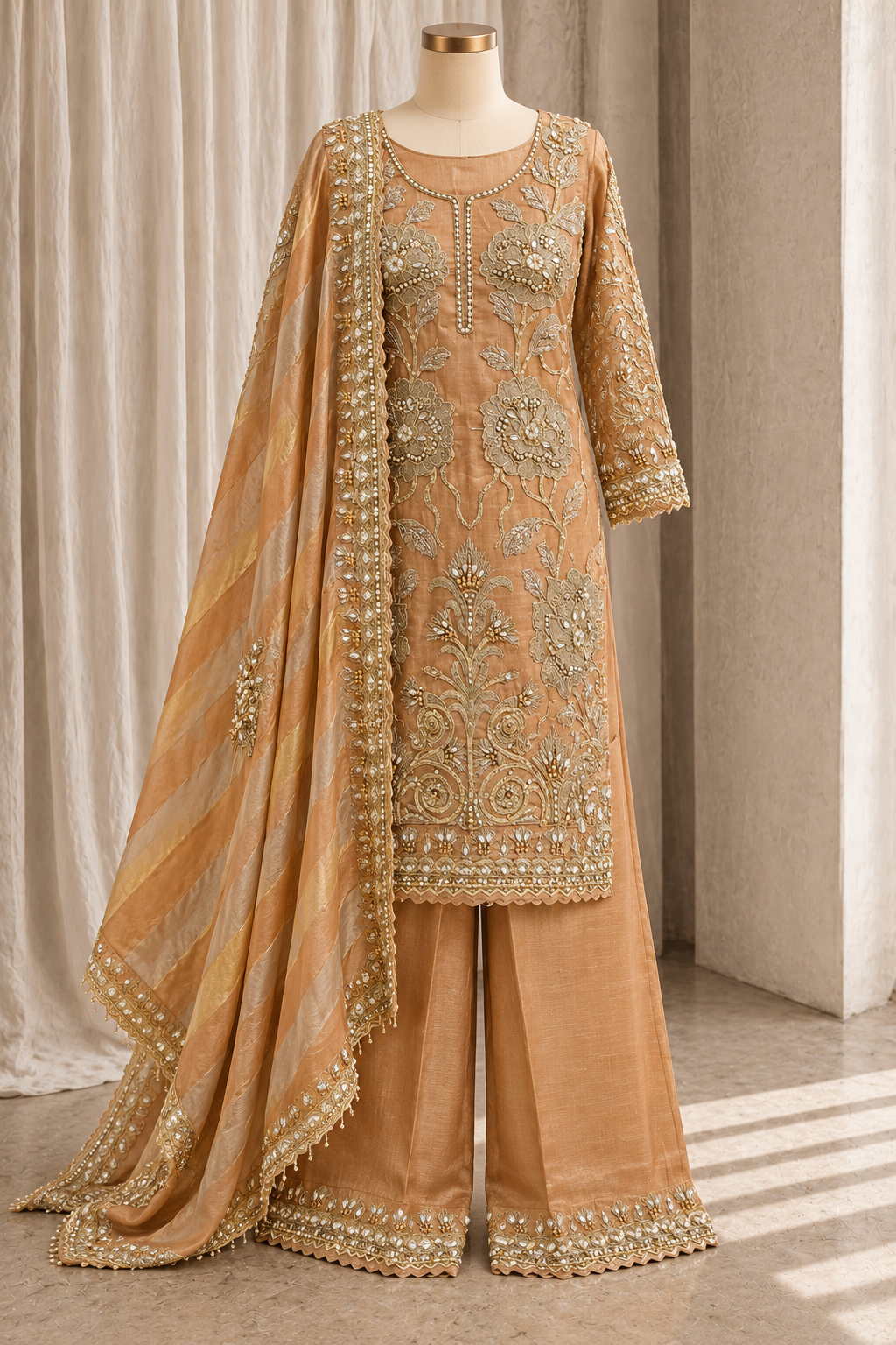 Attractive Shimmer Fabric and Peach Color With Marori Work With Bottom Suits