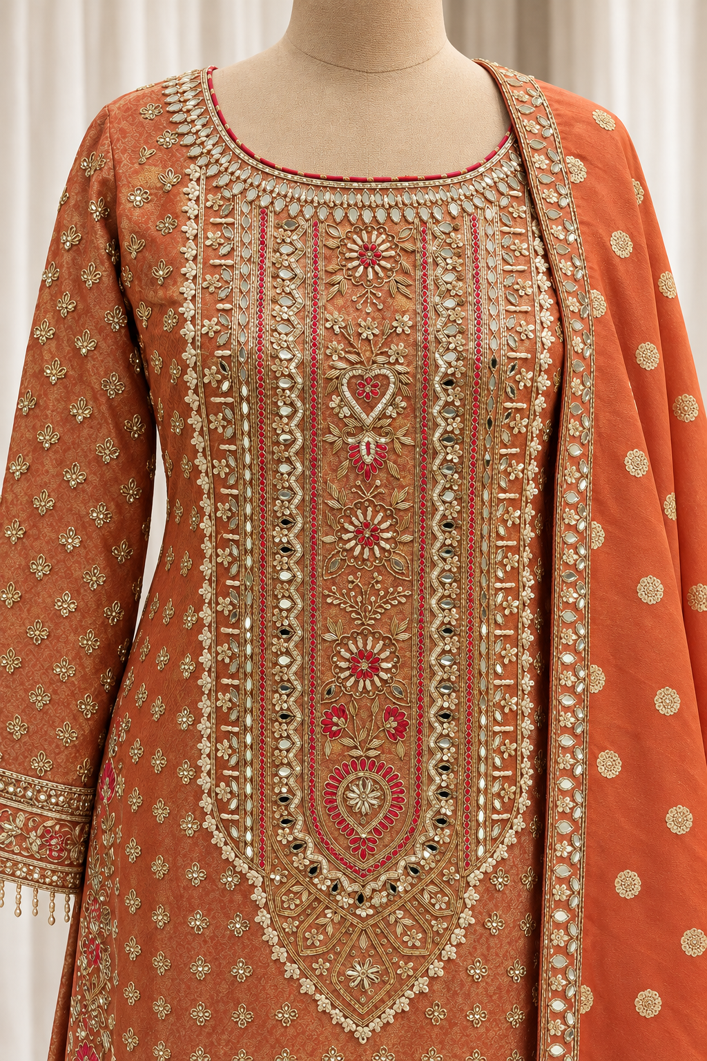 Premium Burnt-Orange Embroidered Palazzo Suit