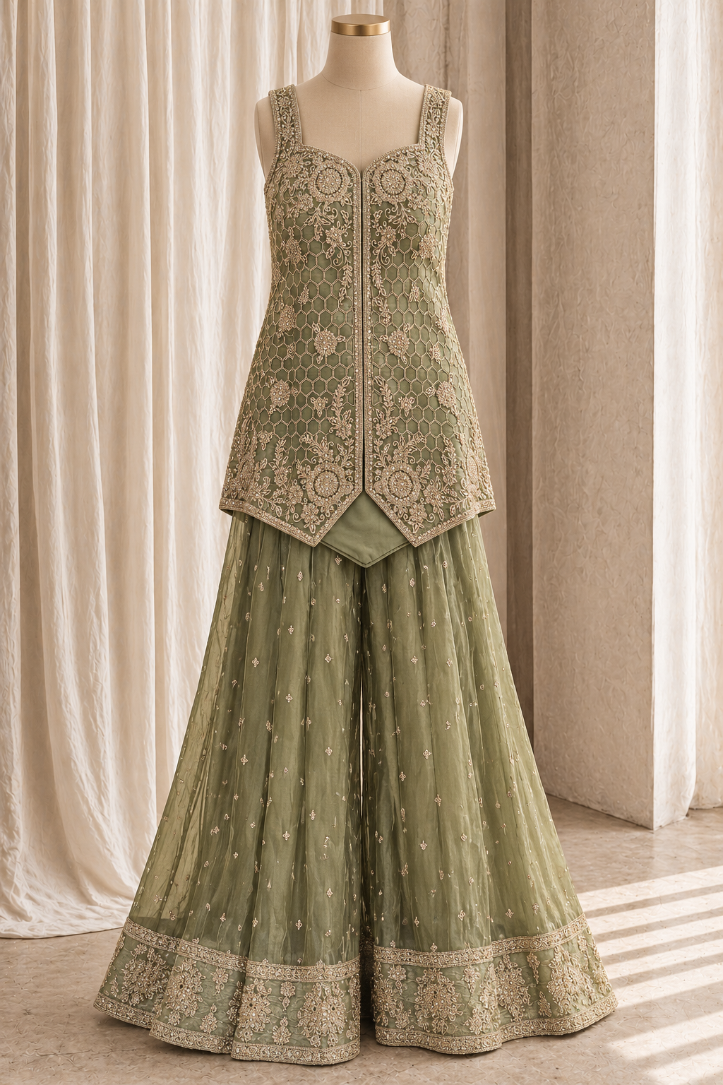 Elegance Tissue Silk Fabric and Dusty Green Color With Kasab Work With Palazzo Suits