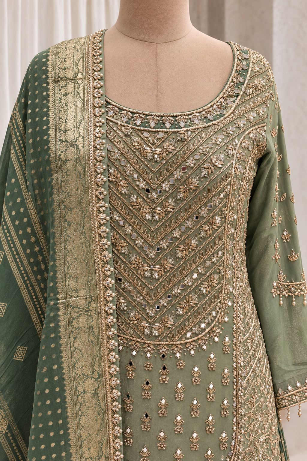 Sage Green Embroidered Gharara  Ensemble