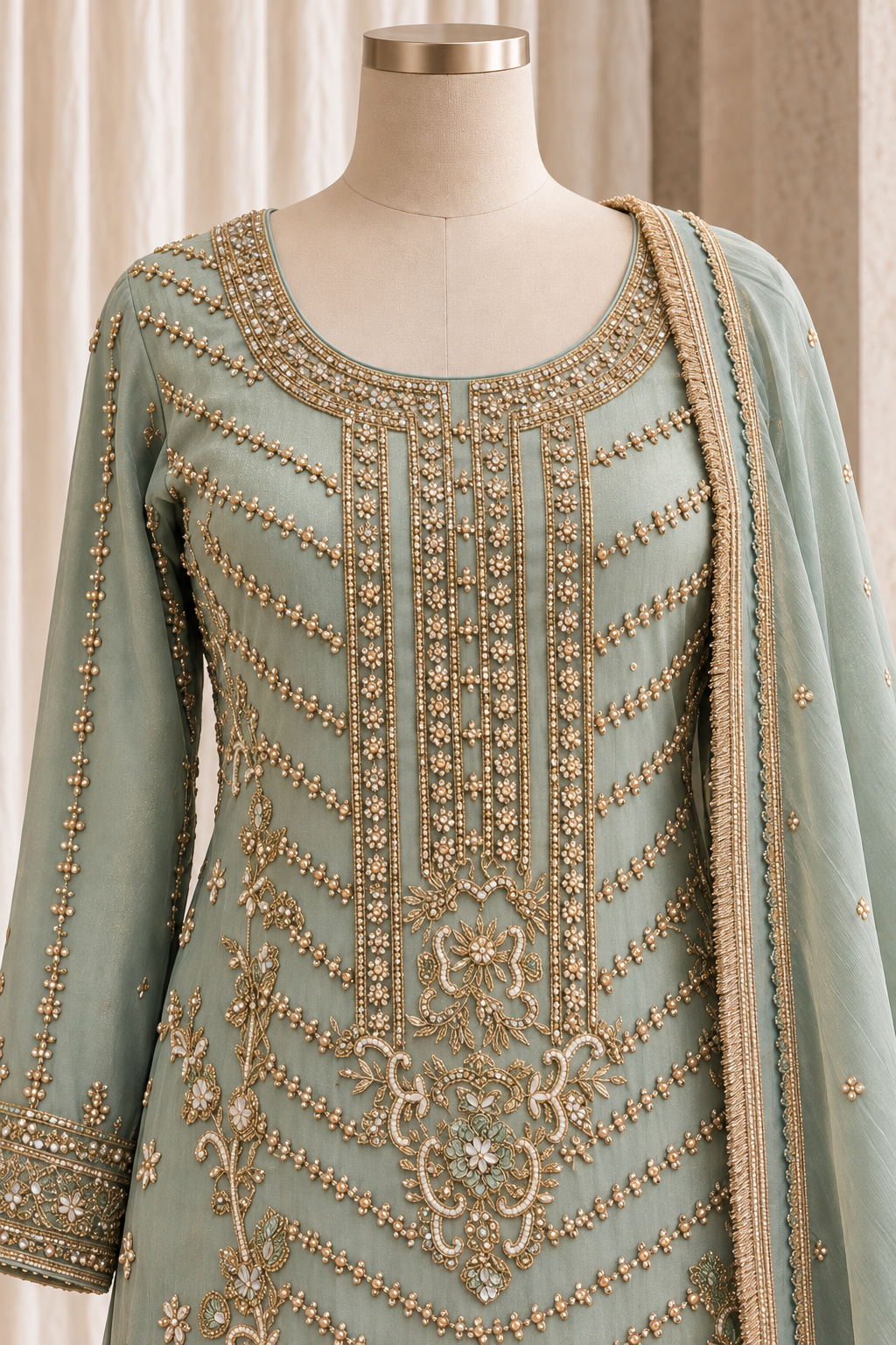 Magnificent Pale Sage Embroidered Gharara Suits Ensemble