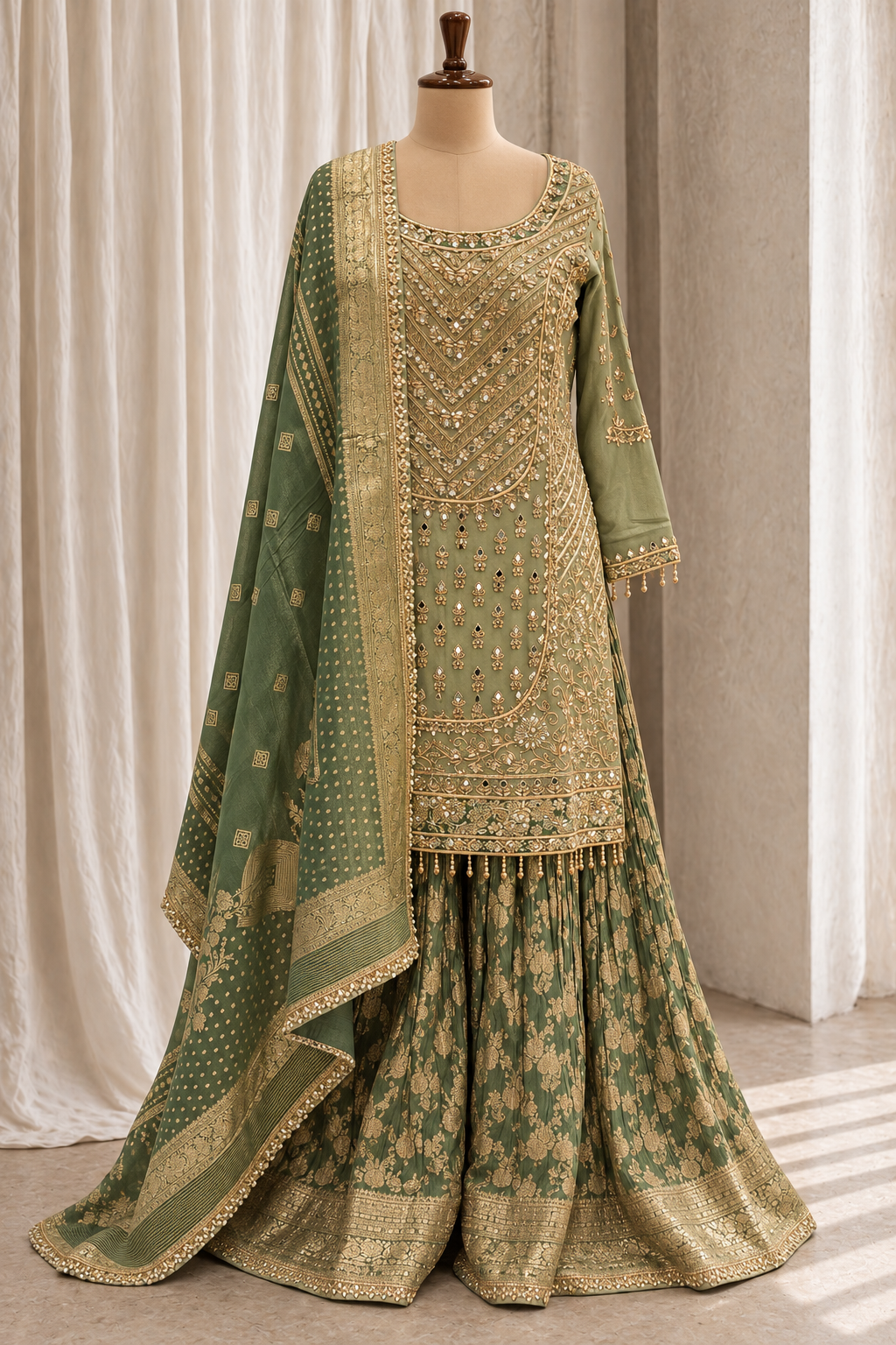 Sage Green Embroidered Gharara  Ensemble