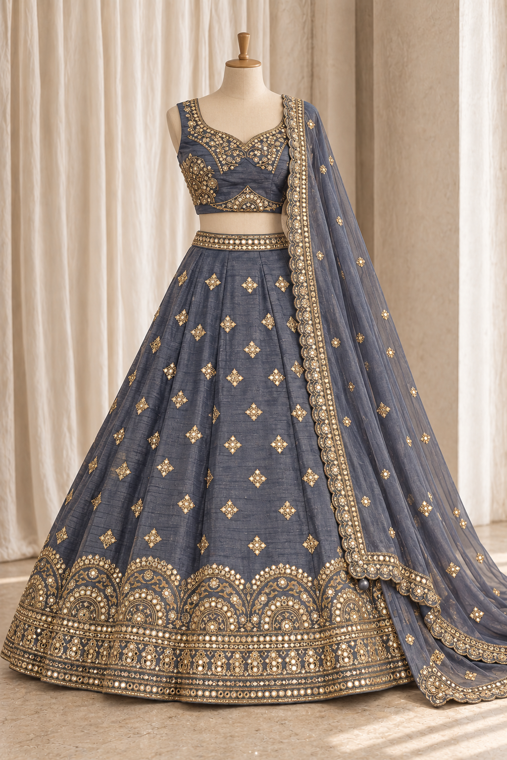 Bumbershoot Organza Fabric and Grey Color With Mirror Work With Lehenga Choli
