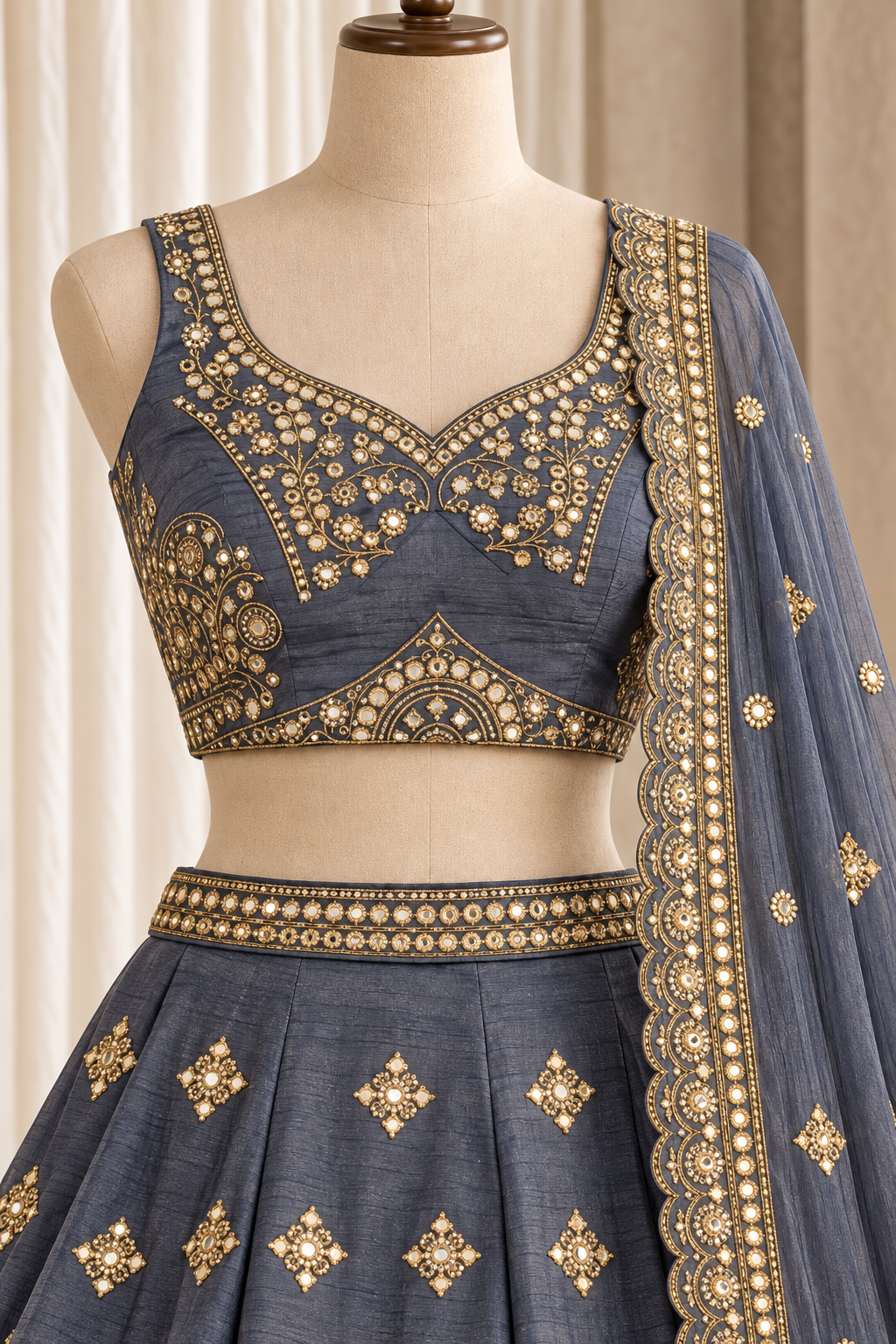 Bumbershoot Organza Fabric and Grey Color With Mirror Work With Lehenga Choli