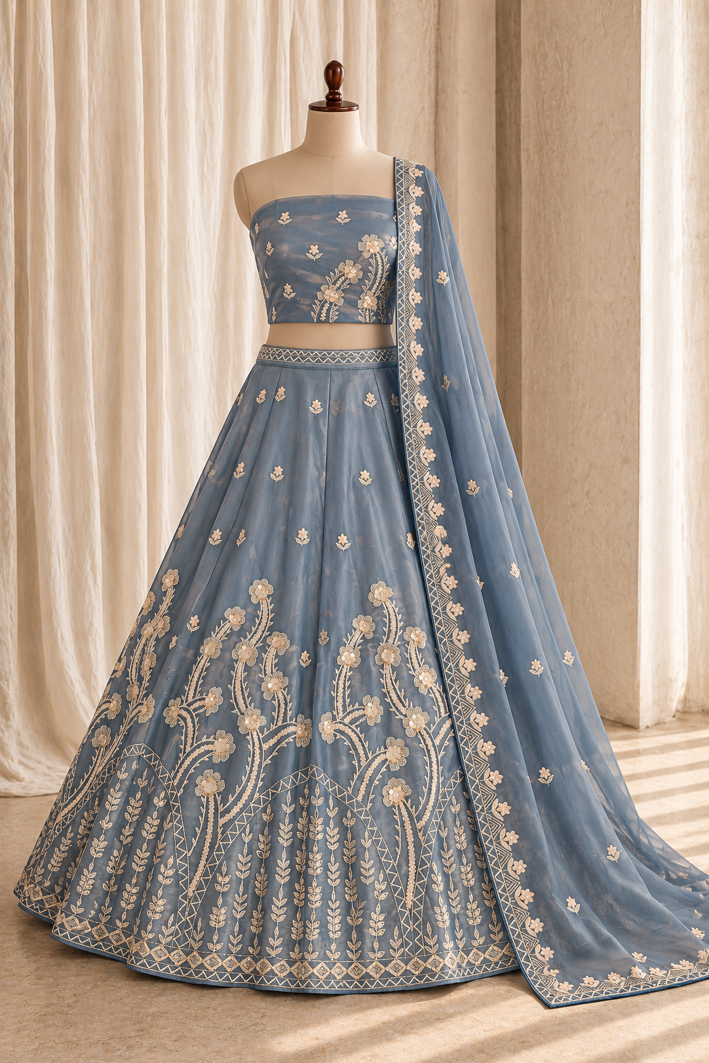 Tranquility Organza Silk Fabric and Grey Blue Color With Moti Work With Lehenga Choli
