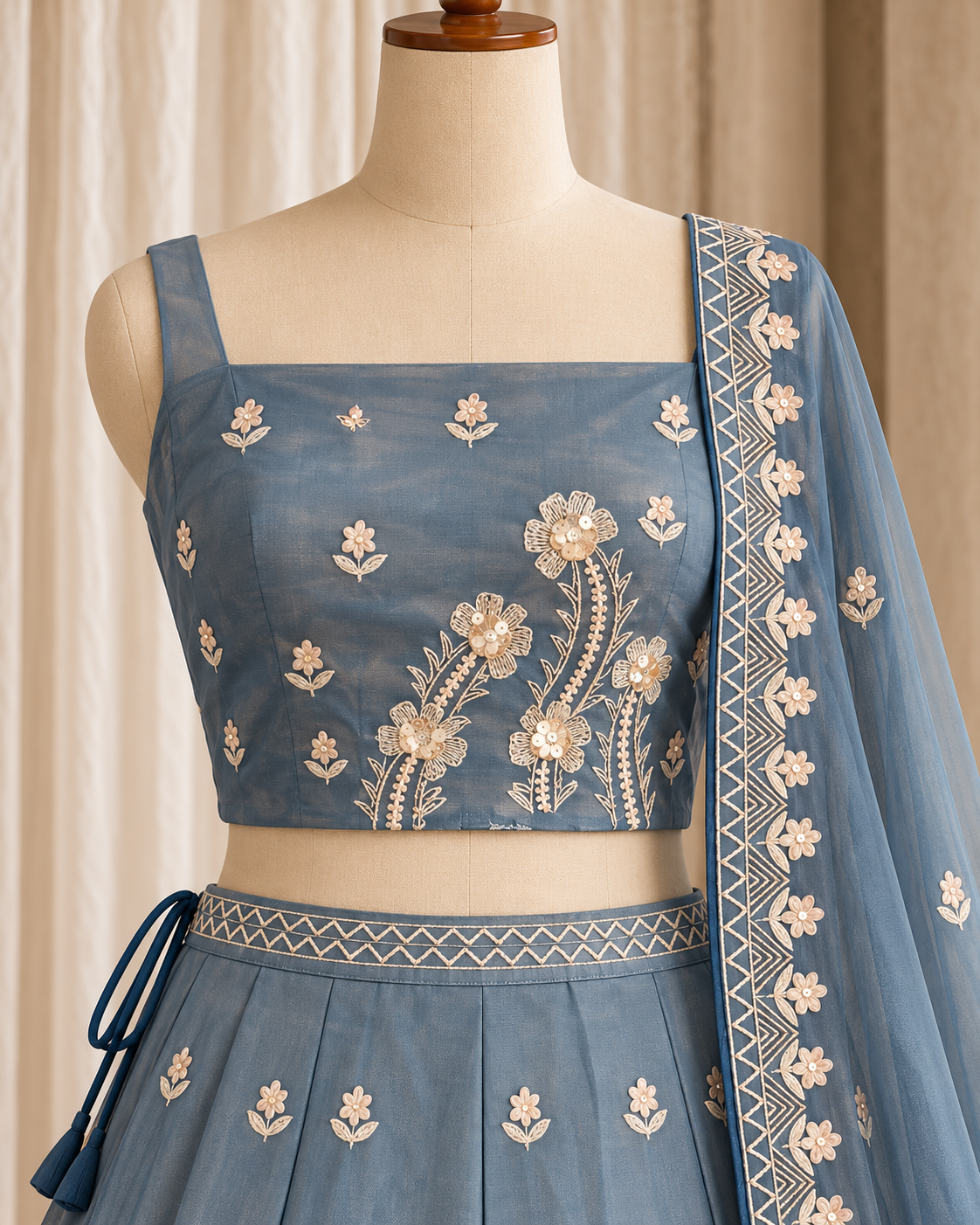 Tranquility Organza Silk Fabric and Grey Blue Color With Moti Work With Lehenga Choli
