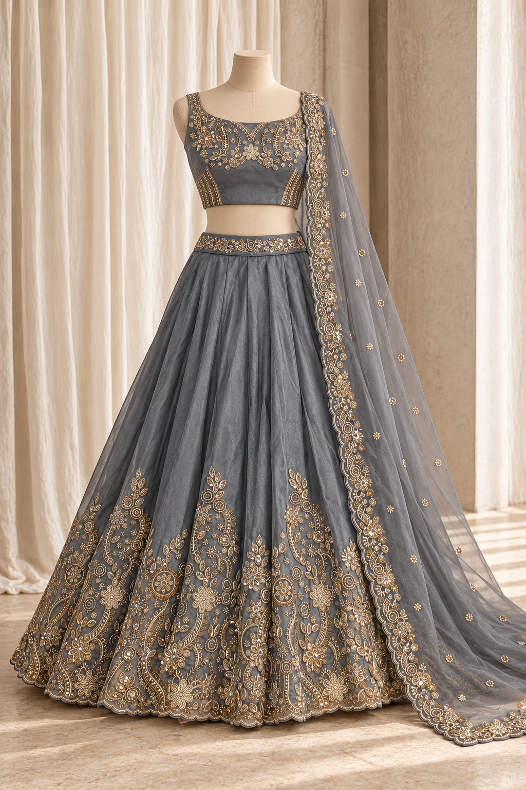 Sozzled Organza Fabric and Grey Color With Thread Work With Lehenga Choli