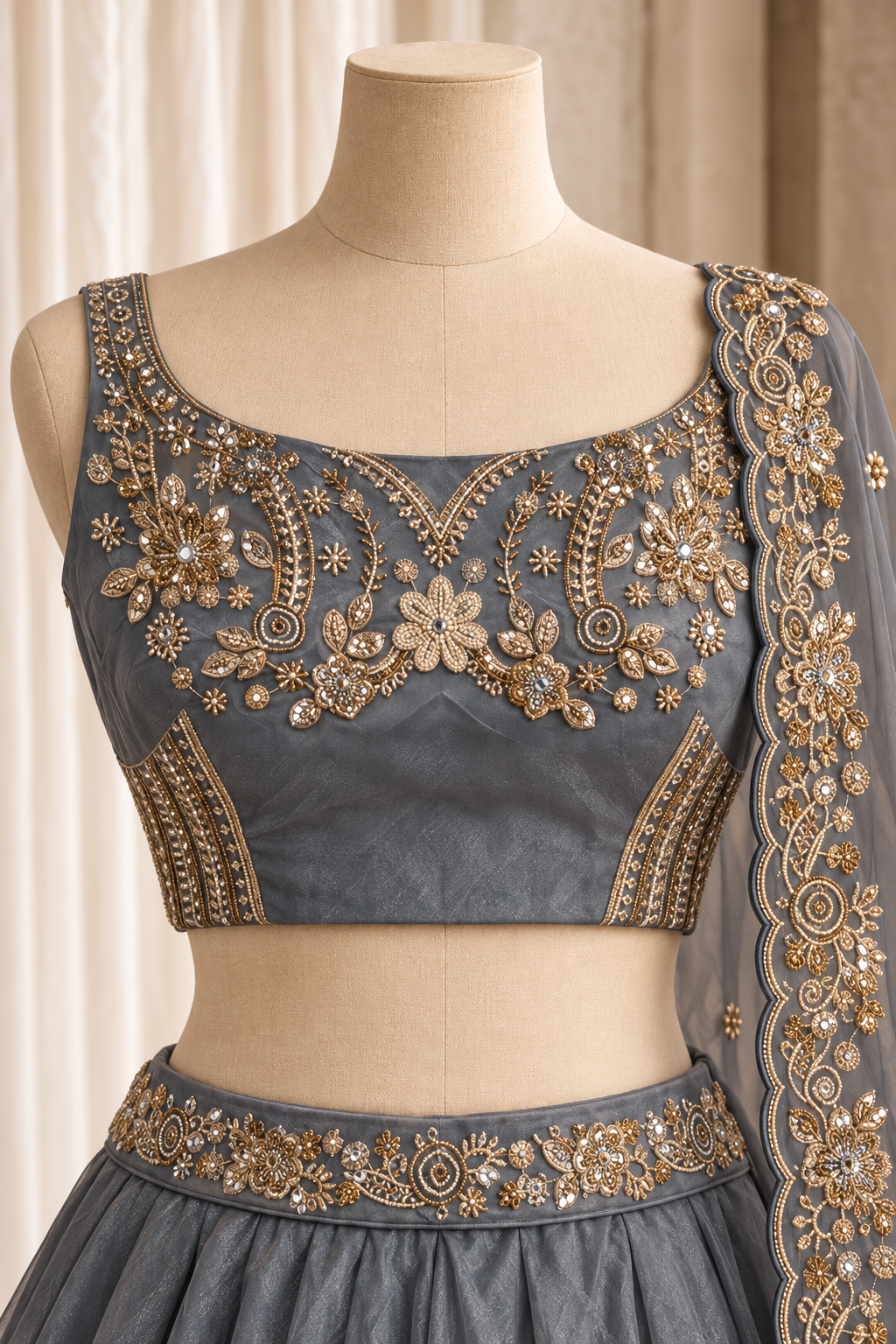 Sozzled Organza Fabric and Grey Color With Thread Work With Lehenga Choli