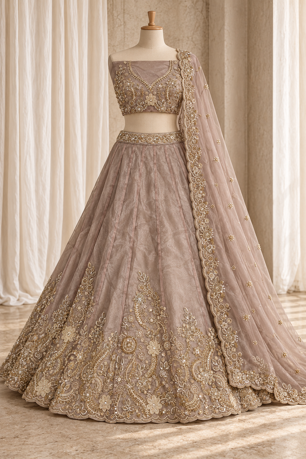 Conundrum Organza Fabric and Mauve Pink Color With Thread Work With Lehenga Choli
