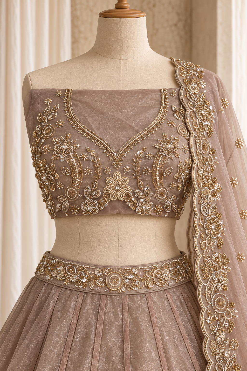 Conundrum Organza Fabric and Mauve Pink Color With Thread Work With Lehenga Choli
