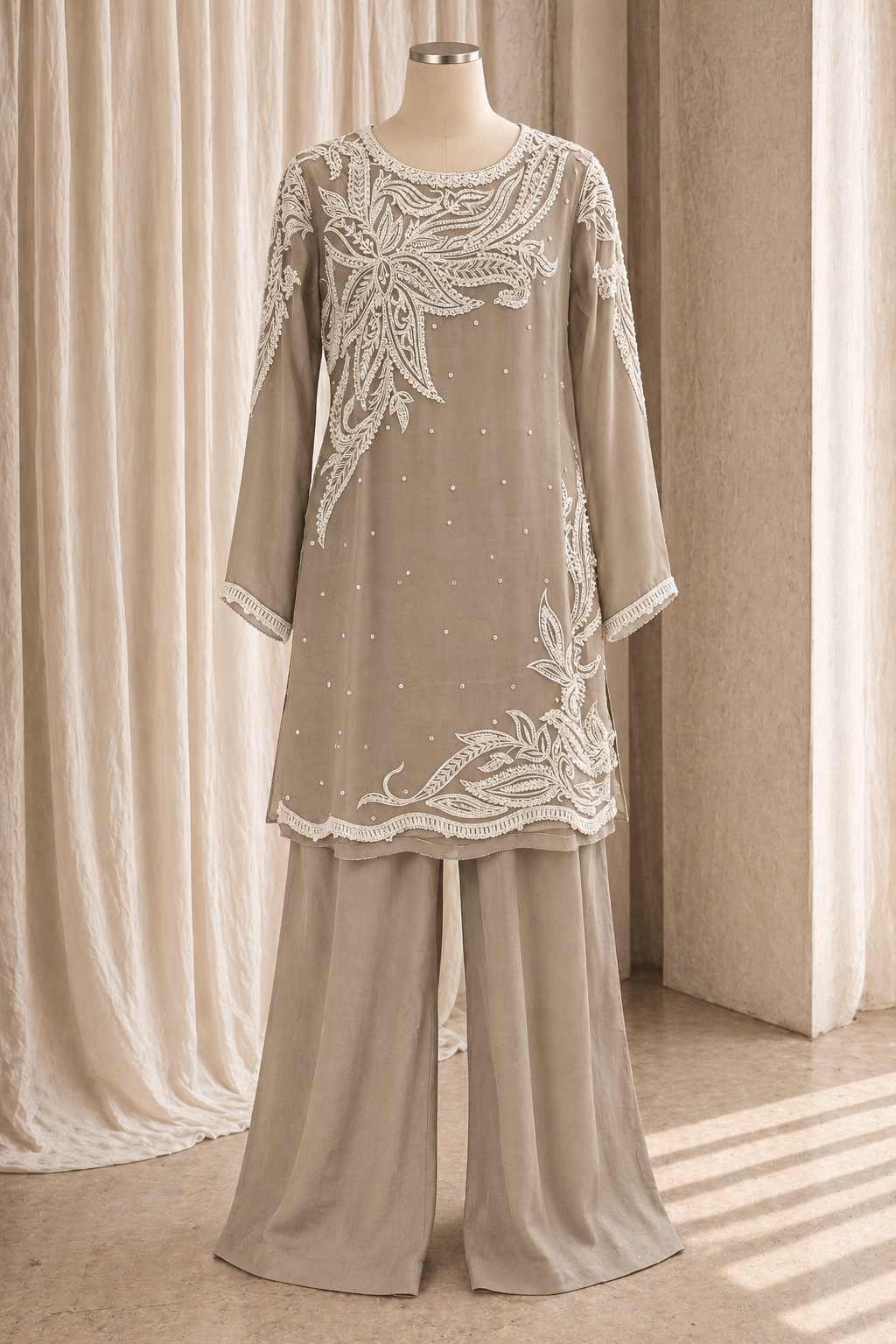 Elegant Georgette Fabric and Grey Color With Cutdana Embroidery Work With Pant Suits