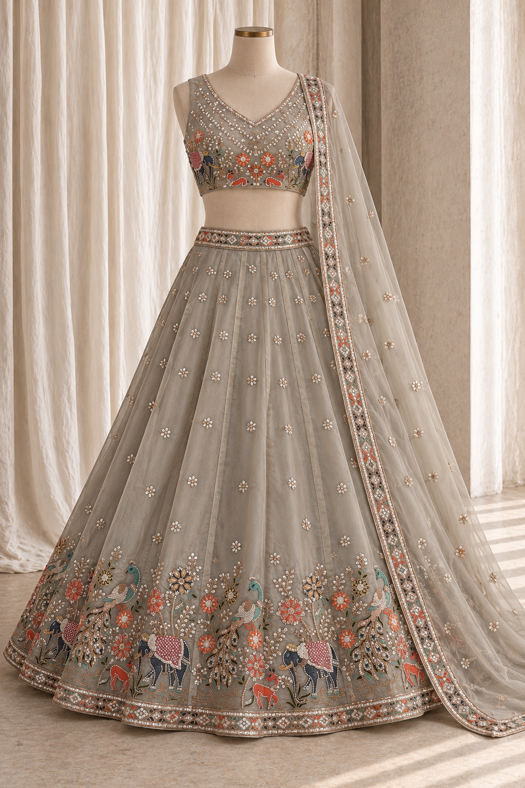 Elegance  Mirrorwork Lehenga with Sheer Dupatta
